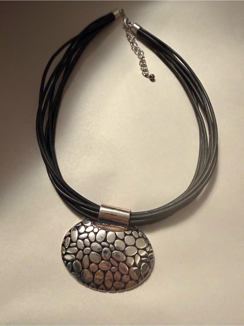 Silver Tone Pebble Statement Pendant Black Multi Cord Choker Necklace 14”